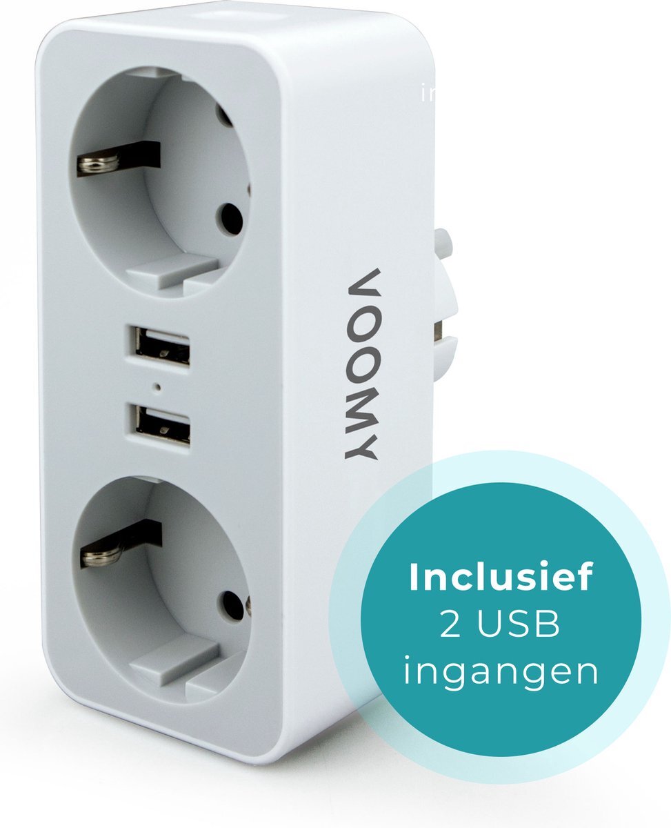 Voomy Verdeelstekker 2 Voudig - Stopcontact Splitter - 2 USB Poorten - Wit