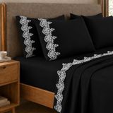 PETTI Artigiani Italiani - Percal lakens, dubbele lakens met kant, percal katoenen lakens, dubbel beddengoed, lakens met zwart kant, 100% Made in Italy