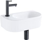 QeramiQ Fuente Fonteinset - 40x21.5x12cm - links - geribbeld - halfrond - 1 kraangat - keramiek - fonteinkraan zwart mat - afvoerplug - verlaagd sifon - wit glans