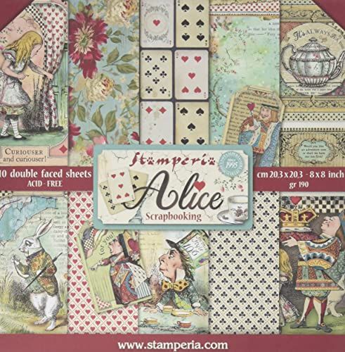 Stamperia SBBS01 papierblok 10 vellen 20,3 x 20,3 (8" x 8") dubbelzijdig Alice, meerkleurig