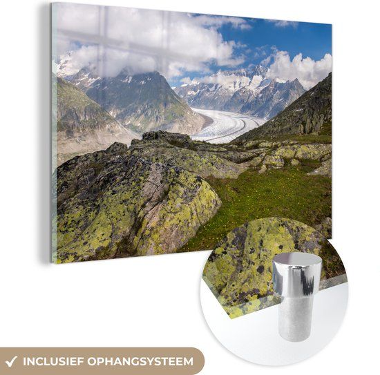 MuchoWow® Glass Painting 150x100 cm - Acrylic Glass Painting - The Aletsch Glacier in Switzerland with green mountaintop and blue sky - Photo on glass - Paintings