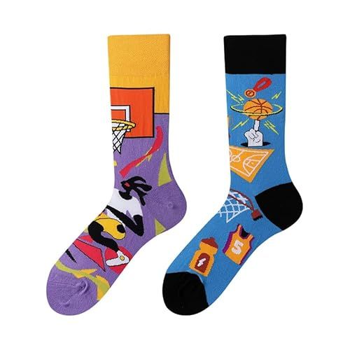 NxnChc Grappige sokken voor dames en heren, uniseks, diverse motieven, dieren, eten, sport, kunst, katoen, cadeau, asymmetrisch ontwerp, links-rechts, Basketbal