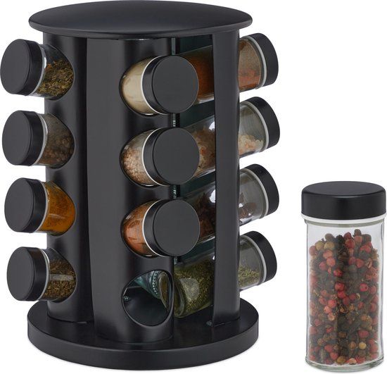 Merkloos Relaxdays kruidenrek draaibaar - RVS - 4 laags - 16 glazen potjes - rond - staand