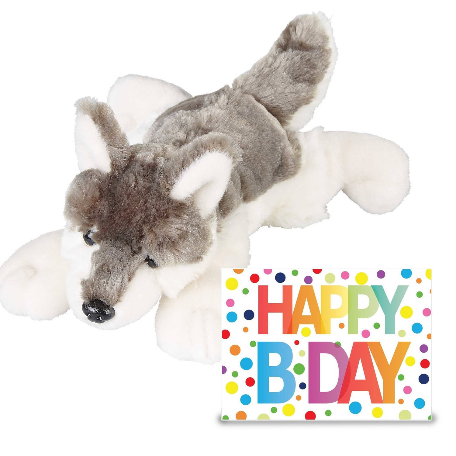 Ravensden verjaardag cadeau wolf 25 cm met xl happy birthday wenskaart - knuffeldier