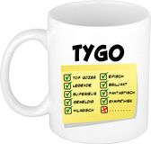Bellatio Decorations Naam mok Tygo - wit - top gozer - keramiek - 300 ml - cadeau collega beker