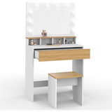 Idmarket - Coiffeuse Zelia Blanc et Hêtre Miroir LED avec 4 Niches, 1 Tiroir et Tabouret