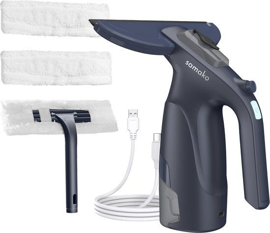 Samako Elektrische Raamwisser voor Douchewand, Ramen & Spiegels CrystalClear – USB Oplaadbaar Ruitenreiniger – Ramenwasser met Sprayfunctie & Afneembaar Reservoir – Incl. 2 Microvezeldoeken