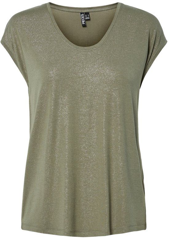 PIECES PCALICE SS GLITTER TEE JRS NOOS BC - T-shirt - Vrouwen - Korte mouw - Ronde hals - Loose Fit - Casual - Groen