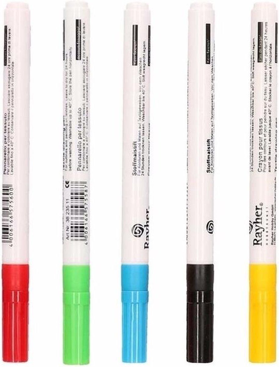 Rayher Hobby Textielstiften Set - 5 Stuks - Fijne Punt - Multi Color