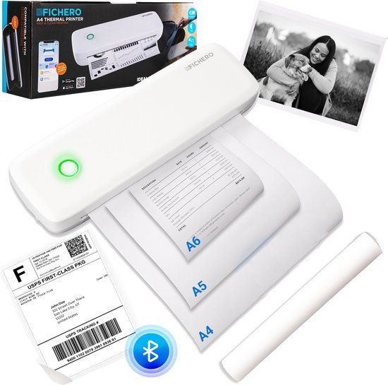 Fichero Karsten International A4 Pocket Printer voor Smartphone - Verzendlabel - 300 DPI - Bluetooth - Draadloos - Mini Printer voor Mobiel - Thermische Printer - Wit - Fichero