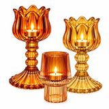 WinQ - Bougies chauffe-plat S/3 - Ensemble de chandeliers en verre Ambre avec Jaune