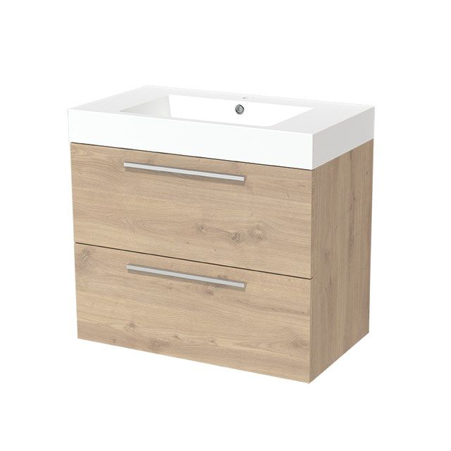 Maxaro Badkamermeubel 80cm Modulo Lichtbruin Eiken 2 lades Vlak Wastafel Mineraalmarmer