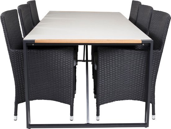 Hioshop Texas tuinmeubelset tafel 100x200cm en 6 stoel Malin zwart, naturel, grijs.