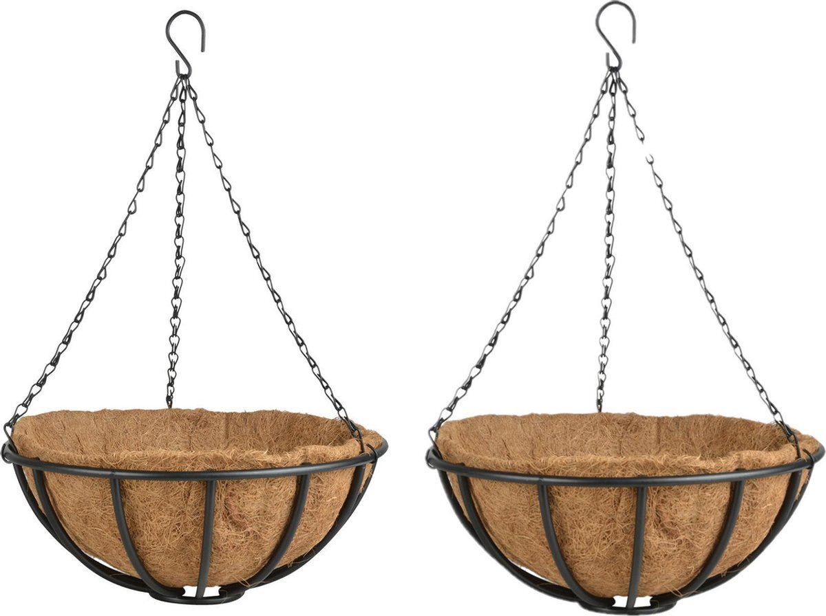 Esschert Design 2x stuks metalen hanging baskets / plantenbakken met ketting 35 cm inclusief kokosinlegvel