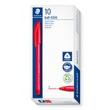 Staedtler Driehoekige stick balpen, schrijfkleur rood, lijnbreedte F ca. 0,7 mm, voor ontspannen schrijven, 10 rode balpen in kartonnen etui, 4320 F-2
