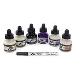 Daler-Rowney FW Shimmering Ink Set, 6 x 29,5 ml flessen & 1 FW Mixed Media Marker