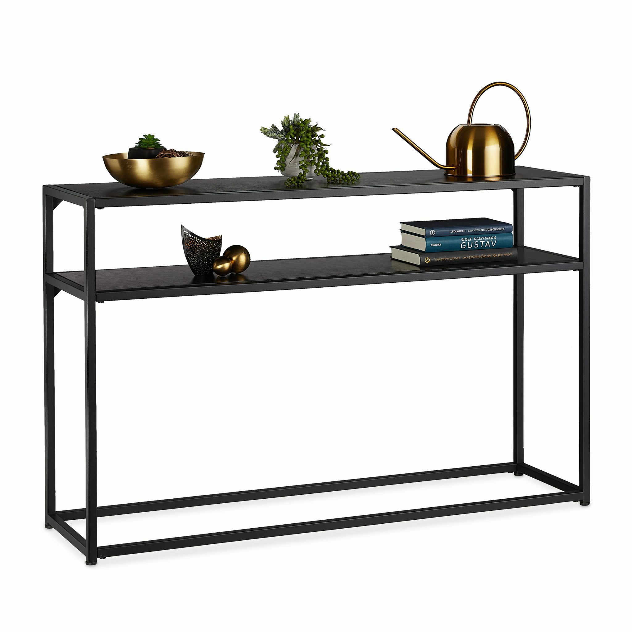 Relaxdays sidetable 2 etages - wandtafel 70 x 110 x 30 cm - hoge bijzettafel staal - zwart