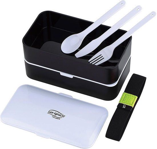 San Ignacio Lunchbox - 2 Laags - Zwart Wit - 1.2L - Met Bestek