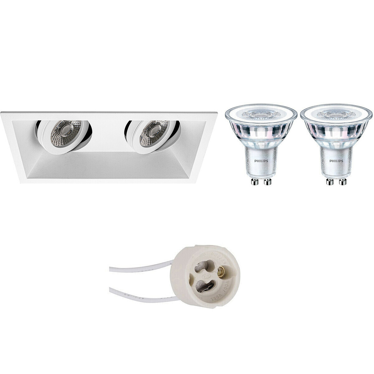 BES LED LED Spot Set - Pragmi Zano Pro - GU10 Fitting - Inbouw Rechthoek Dubbel - Mat Wit - Kantelbaar - 185x93mm - Philips - CorePro 827 36D - 4.6W - Warm Wit 2700K