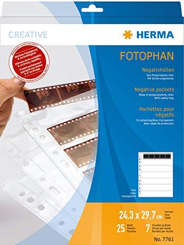 HERMA 7761 Negatieve hoezen 35 mm voor map, 25 stuks elk 7 strips à 5 afbeeldingen, negatieve variatiehoezen voor kleine beeldnegatieven met euro-perforatie en veiligheidsflap, transparant