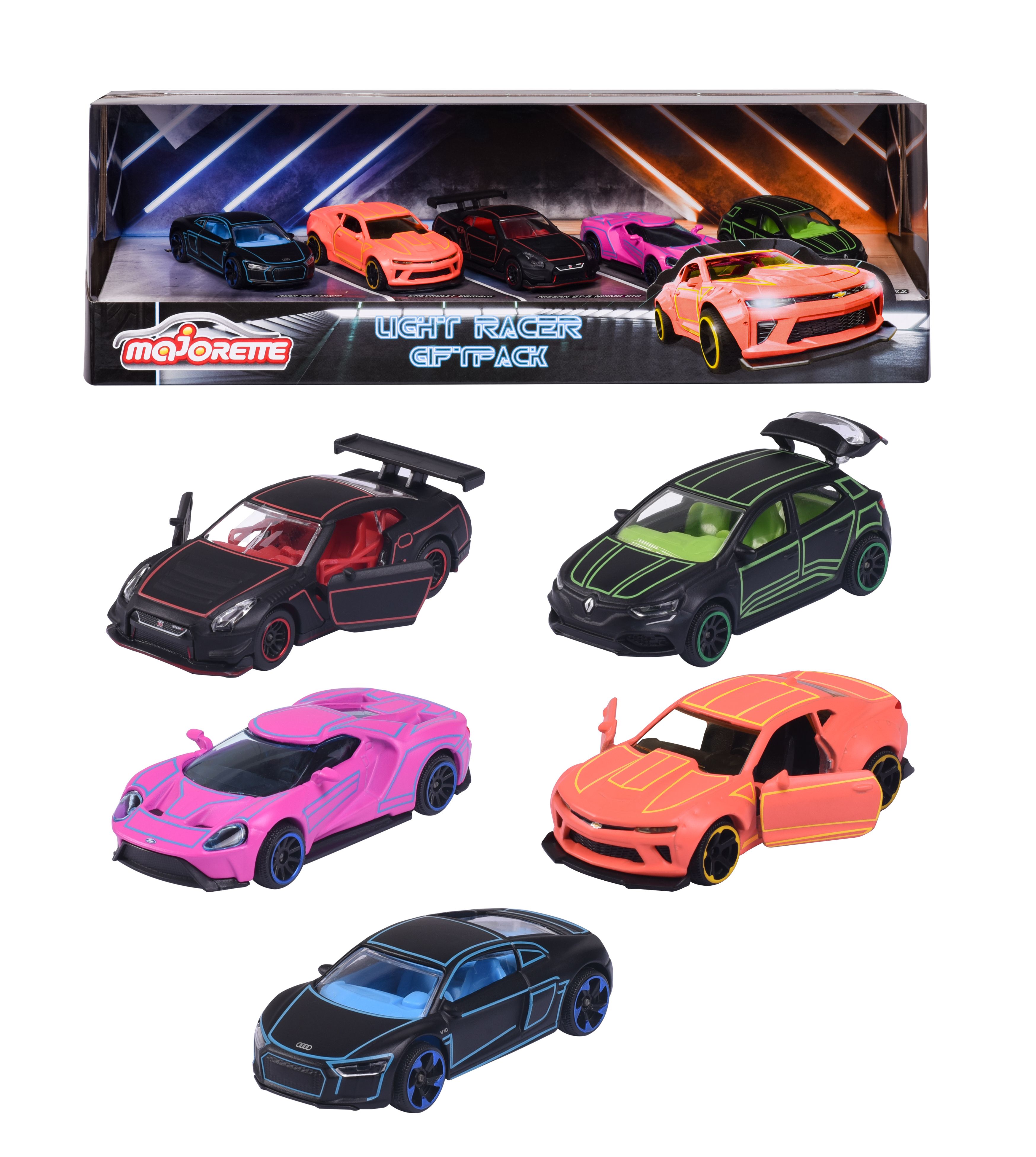 Majorette Light Racer geschenkdoos - 5 miniatuurauto's - 7,5 cm - Neonkleuren