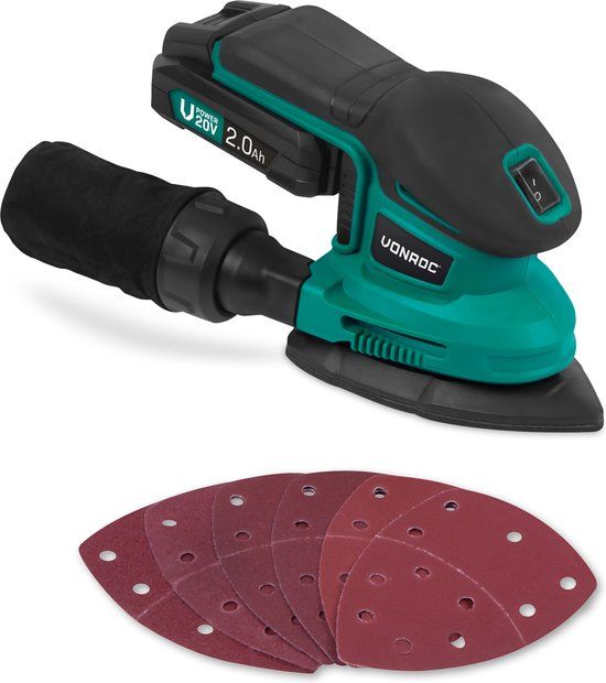 VONROC accu multischuurmachine – VPower 20V – Incl. 2.0Ah accu en snellader – Incl. stofzak en 6 schuurvellen