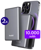 Buddi Connect Duo Pack 10.000mAh Magnetische Draadloze Powerbank - Compatibel met MagSafe - 20W USB-C Snelladen - Reisformaat - Ultra Dun - Compact - Externe Wireless Batterij Zwart