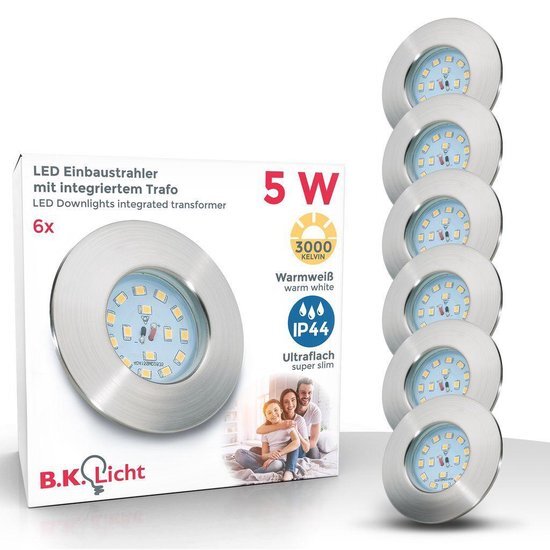 B.K.Licht - Inbouwspots badkamer - LED - 6 stuks - dimbaar - badkamerlamp - spotjes inbouw - ronde - IP44 - Ø7.5cm - 3.000K - 400Lm - 5W LED - nikkel