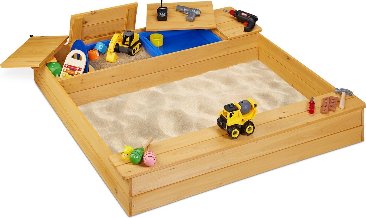 Relaxdays Zandbak hout - zandkist met bankjes - modderbak - sandbox - 125 x 120 cm