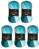 Wollbiene Batik Wol, 5 x 100 g, 500 gram wol met kleurverloop, meerkleurig (5200 petrol, turquoise, wit)