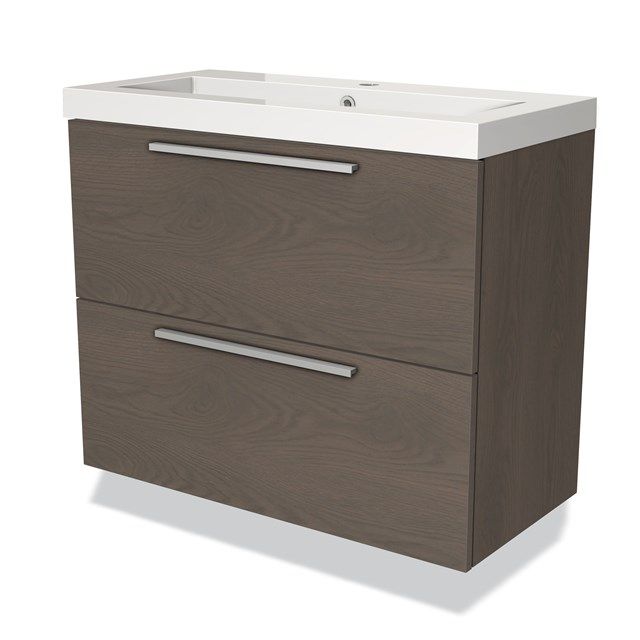 Maxaro Badkamermeubel 80cm Modulo Slim Donkerbruin Eiken 2 Lades Vlak Wastafel Mineraalmarmer