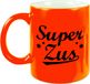 Bellatio Decorations Super zus tekst mok - neon oranje - familie cadeau mok / beker - 330 ml - verjaardag / geslaagd / bedankt cadeau