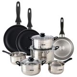 Well Home Set de cuisine, 8 pièces, acier inoxydable + 3 casseroles, Ø 16 x 20 x 24 cm, gris, métallique, en aluminium pressé