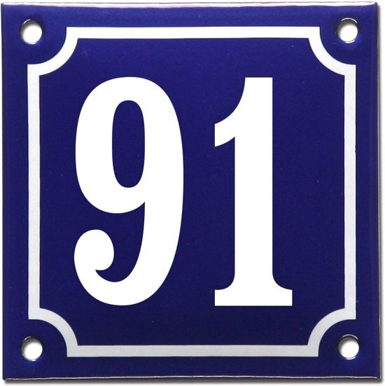 EmailleDesignÂ® Emaille huisnummer blauw/wit nr. 91