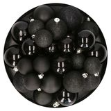 Decoris Kerstballen - 30x st - zwart - 4, 5, 6 cm - kunststof - mat-glans-glitter