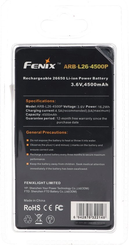 Batterij voor Fenix PD40R Led-zaklamp Fenix ARB-L26-4500P, 26650 Li-ionbatterij beschermd 4500 mAh