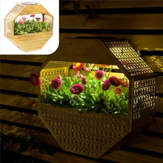 Gadgy Solar Wandlamp met Bloembak – Tuinverlichting op Zonneenergie – Buitenlamp met LED – 30x30 cm – Zwart Bloembak