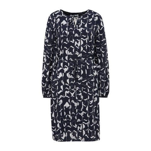 comma casual identity jurk met all over print en ceintuur donkerblauw/wit