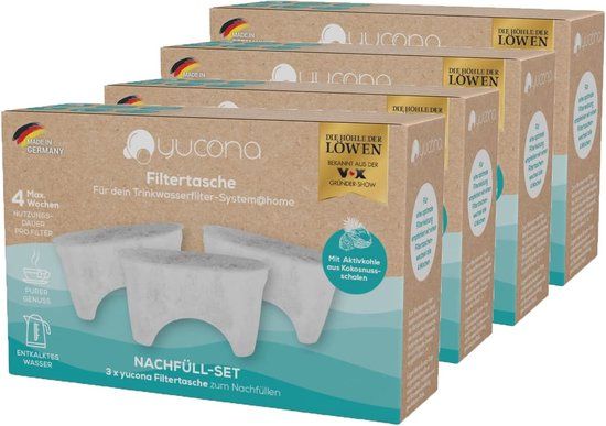 Yucona Waterfilter Navulset 12-TLG. voor 12 Maanden Herbruikbare Waterfilter Patroon, 96% Plastic Besparing, 12 Filterzakjes, Made in Germany [Actieve Koolstof uit Kokosnoot Schelpen].