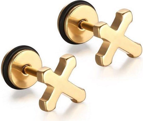 Mendes Lookinggoodtoday Cross Stud oorbellen edelstaal Goudkleurig