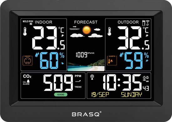Brasq Draadloos Weerstation met CO₂-Meter – Binnen & Buiten – Hygrometer - Barometer & Buitensensor 60 m