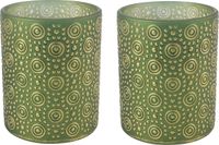 Countryfield Luxe theelichthouder - 2x stuks - Fantasy - glas - olijfgroen/goud - D10 x H12 cm