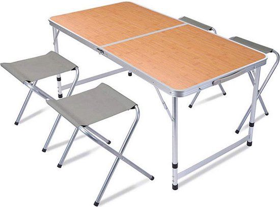 {"int": 16126, "string": null} Campingtafel met 4 stoelen - 120 x 60 cm - Grijs