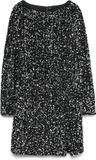 Vero Moda VMBELLA Feestjurk met pailletten, lange mouw, boot hals, kort, zwart, XS