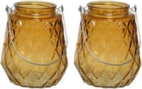 Decoris Waxinelichtjes houder - 2x stuks - ruitjes glas - oranje - 11 x 13 cm