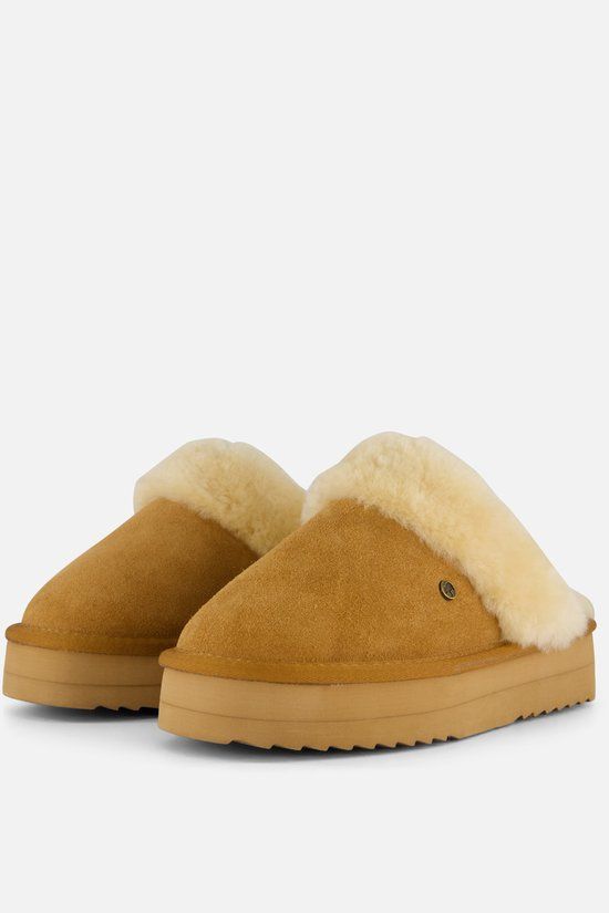 Warmbat Flurry Suede Plateau Dames Sloffen - Cognac