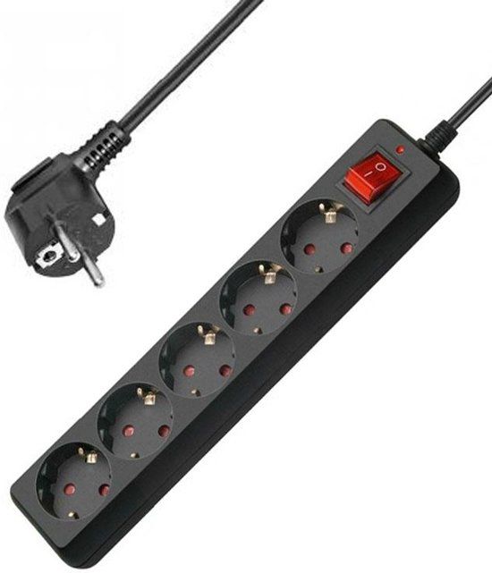 Allteq Stekkerdoos met schakelaar - 5-voudig - Zwart - 1.5 meter