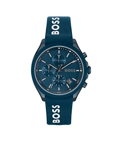 BOSS Velocity Herenhorloge met 44 mm Chronograaf Kwartshorloge met Siliconen Band, Datumfunctie, 3 Sub-wijzerplaten, 5ATM Waterbestendig, Blauw, Riem