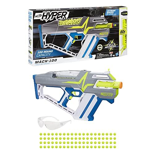 NERF Hyper, gemotoriseerde Blaster Mach-100, 80 ballen van Hyper, bril, snelheid 33 m/s, eenvoudig bijvullen, capaciteit van 100 ballen