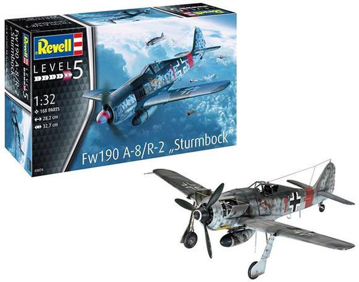 Revell REV-03874 Fw190 A-8/R-2 stormbock, vliegtuigmodelbouwset 1:32, 28,2 cm modelmaking, ongelakt, 1/32